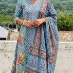A Line Top Plus Bottom With Duppatta-Light Blue