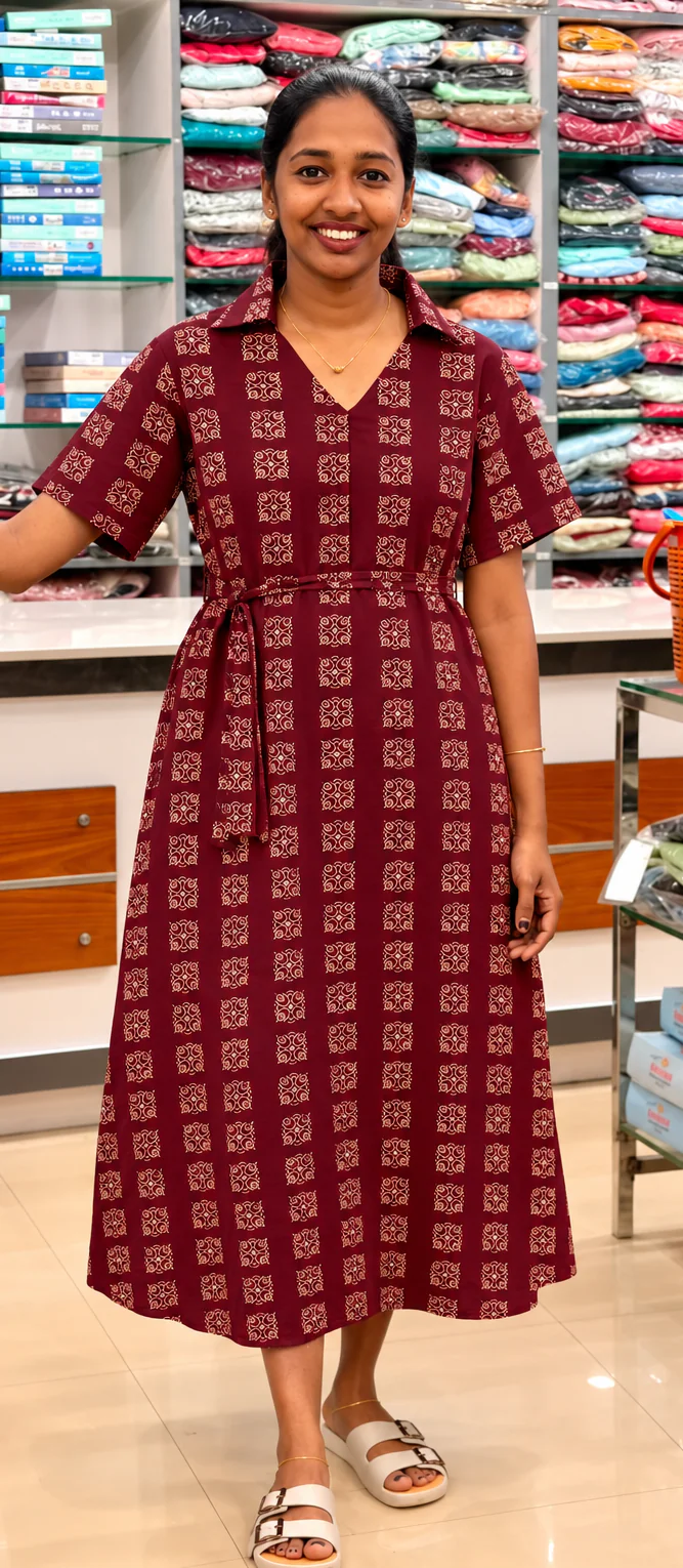 Home Wear With Collar-Maroon - Image 1