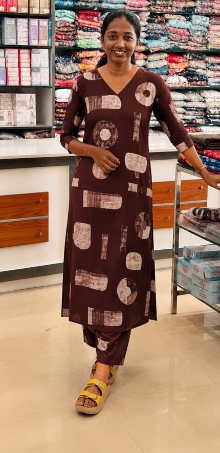 rayon Slitted Top Plus Bottom- Dark brown