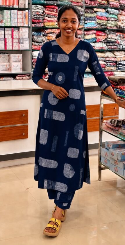 rayon Slitted Top Plus Bottom- Dark Blue