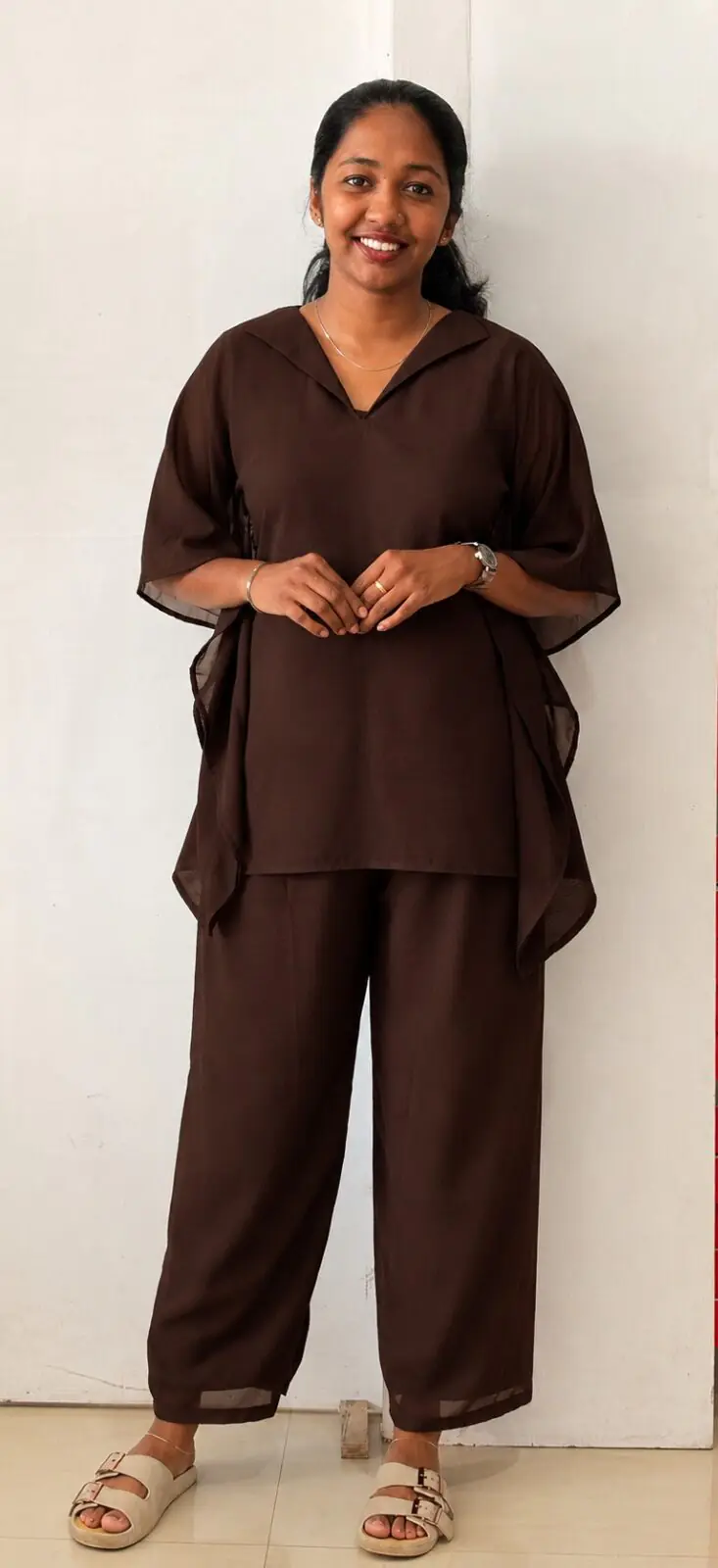 Georgette Kaftan Top With Pant-Brown - Image 1