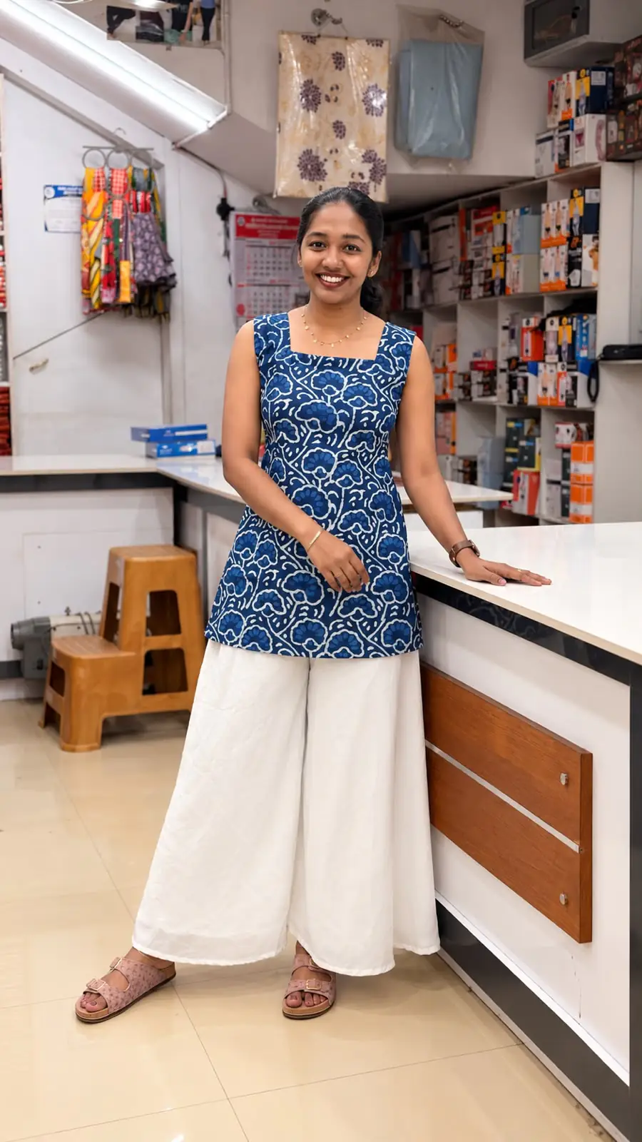 hand block printed Slitted Top-Blue - Image 1